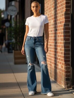 High-Rise Distressed Flare Jeans in Medium Blue